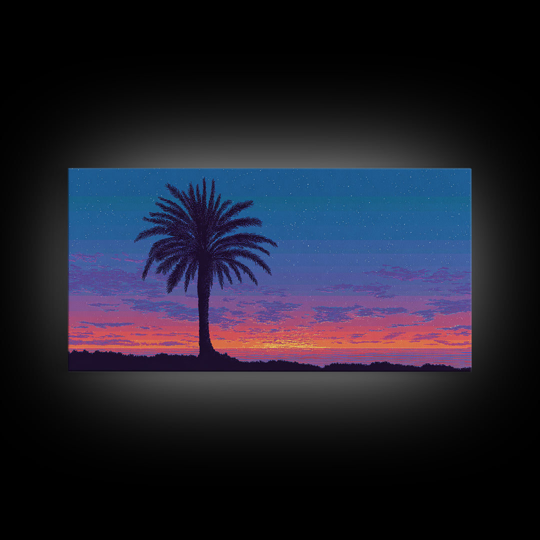 Starry Twilight Palm Tree Wall Art, Purple Blue Tropical Sunset, Retro California Poster, Modern Home Decor Canvas Print
