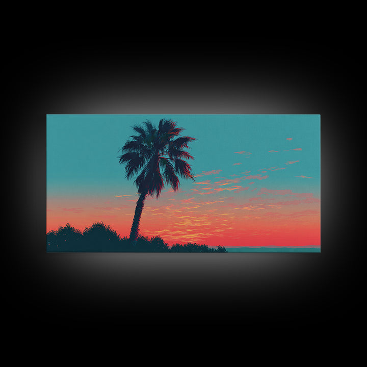 Leaning Palm Coral Sunset Canvas Print, Retro Tropical Landscape, Midcentury Wall Art, Palm Springs Decor, Coastal Poster Print