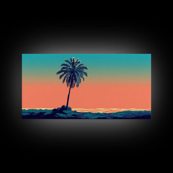 Solitary Palm Ocean Sunset Framed Canvas Print, Retro Tropical Wall Art, Midcentury Modern Decor, Coastal Home Poster Print
