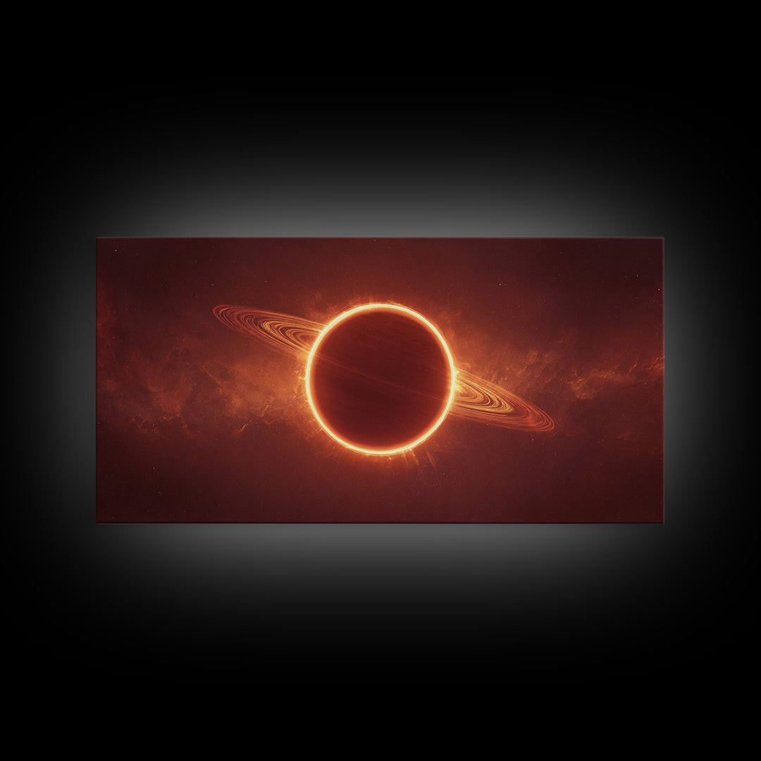 Ringed Planet Eclipse Framed Canvas Print, Cosmic Nebula Wall Art, Retro Sci Fi Poster, Orange Space Decor, Modern Art Print