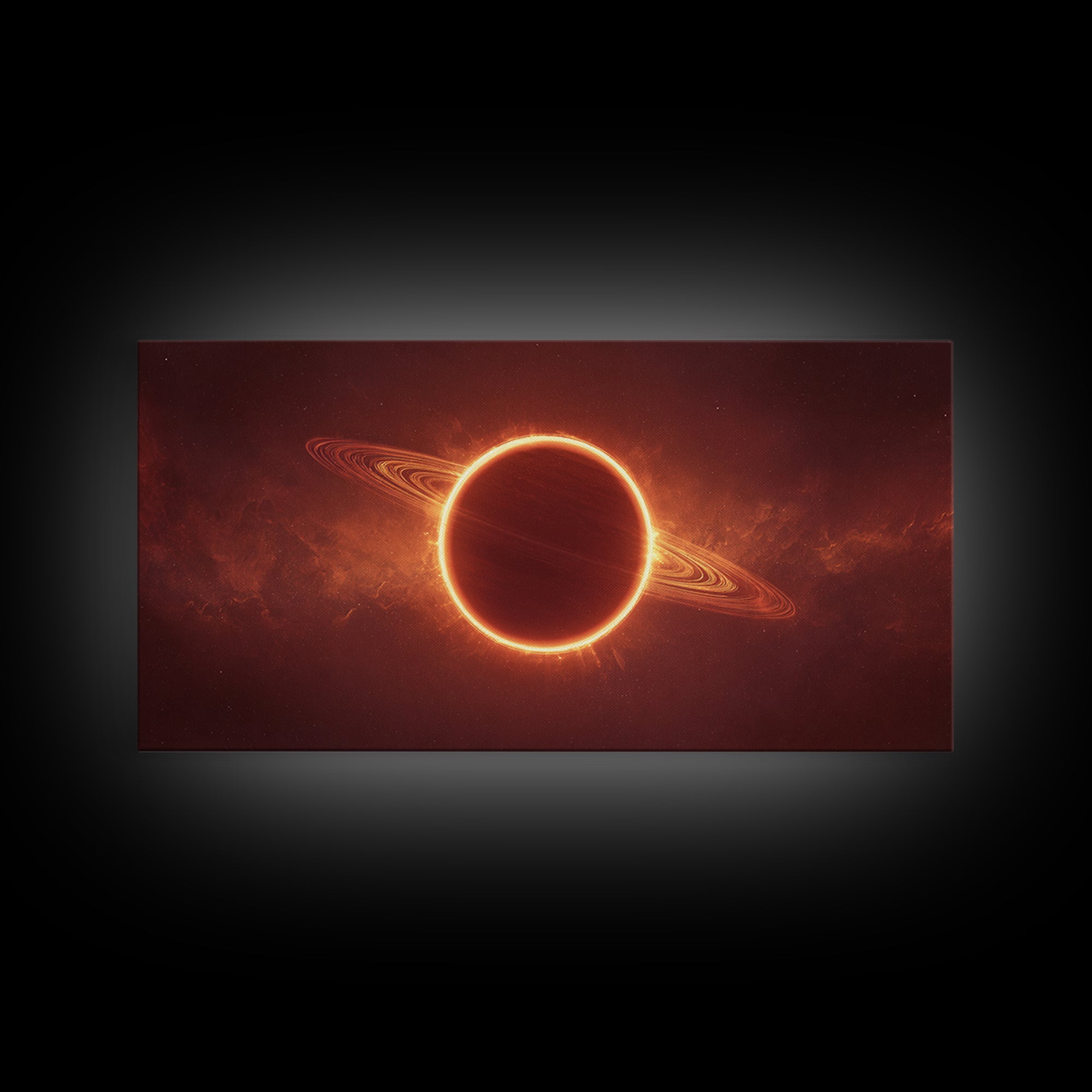 Ringed Planet Eclipse Framed Canvas Print, Cosmic Nebula Wall Art, Retro Sci Fi Poster, Orange Space Decor, Modern Art Print