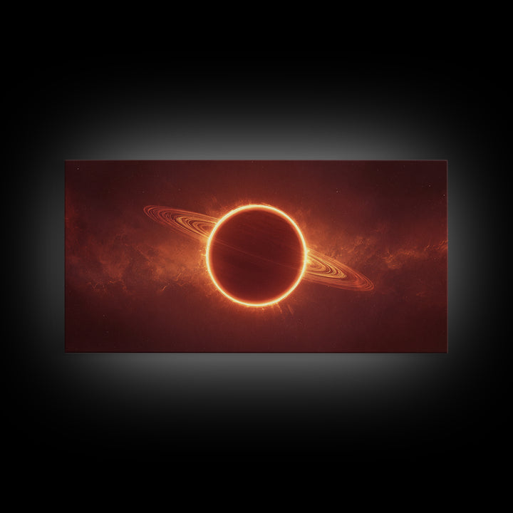 Ringed Planet Eclipse Framed Canvas Print, Cosmic Nebula Wall Art, Retro Sci Fi Poster, Orange Space Decor, Modern Art Print