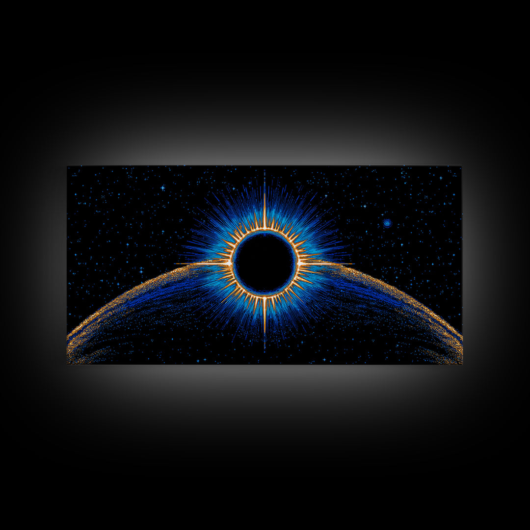 Blue Solar Eclipse Wall Art, Cosmic Retro Sci Fi Print, Black Hole Starfield Poster, Modern Digital Art, Space Decor Print