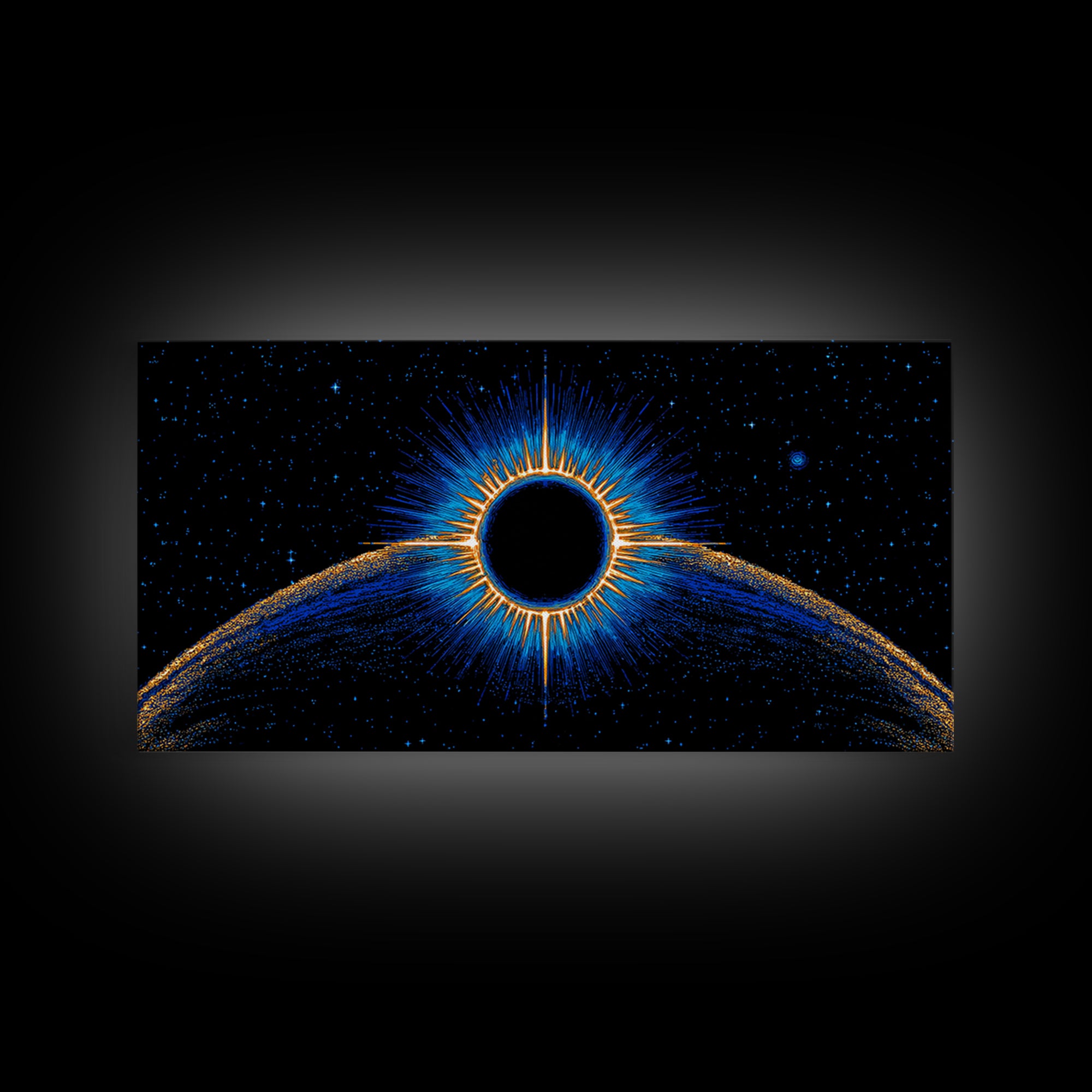 Blue Solar Eclipse Wall Art, Cosmic Retro Sci Fi Print, Black Hole Starfield Poster, Modern Digital Art, Space Decor Print