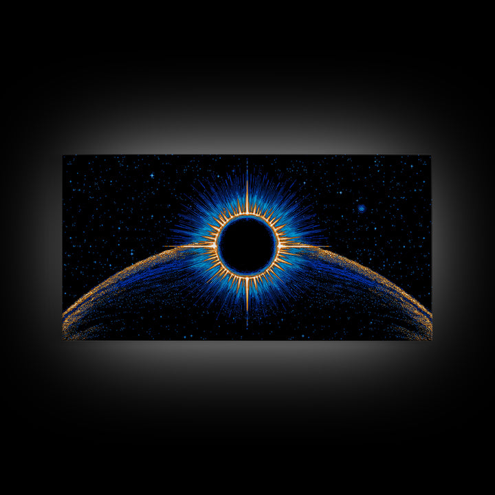 Blue Solar Eclipse Wall Art, Cosmic Retro Sci Fi Print, Black Hole Starfield Poster, Modern Digital Art, Space Decor Print