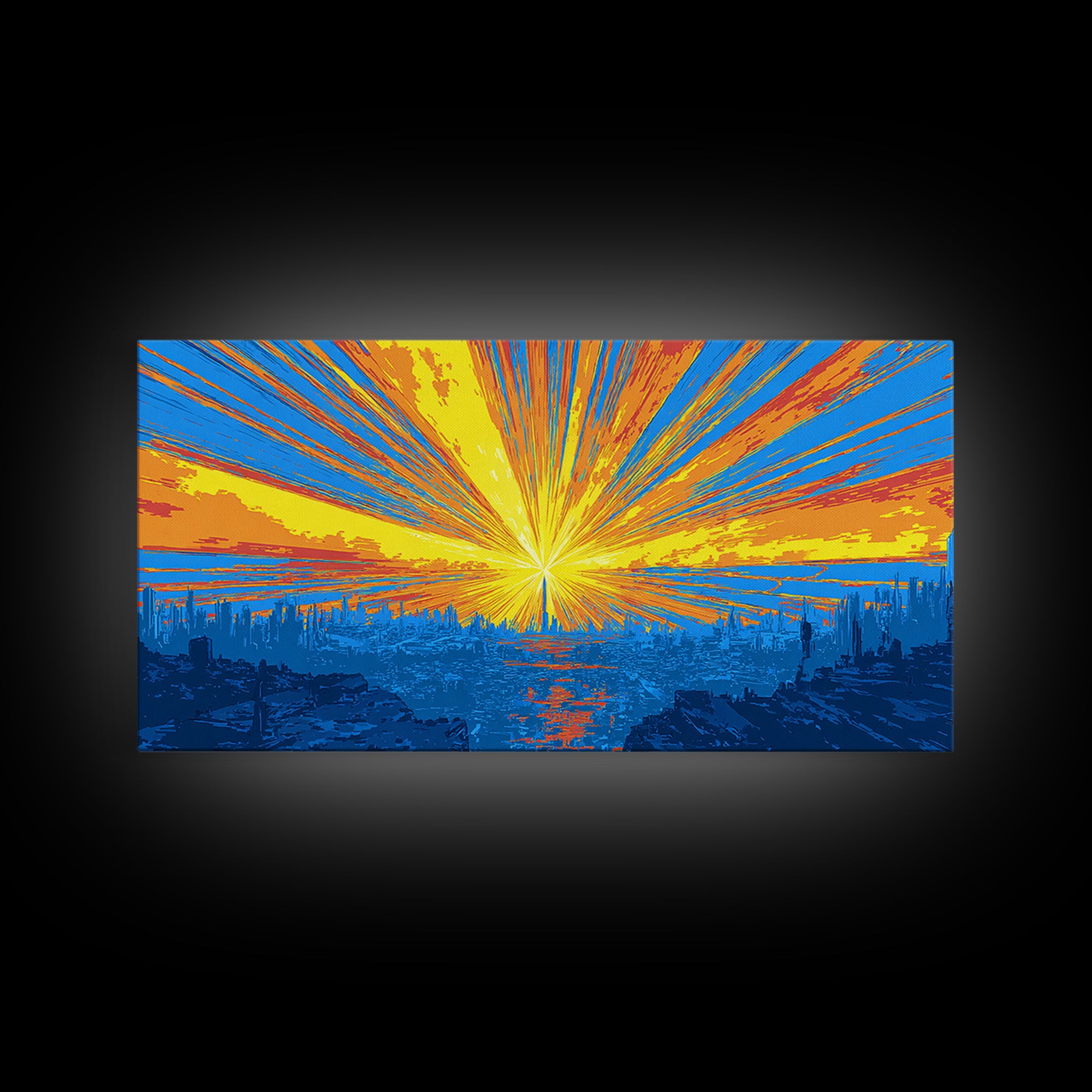 Explosive Solar Skyline Wall Art, Bright Retro Sci Fi Sunburst, Blue Orange Modern Art Print, Mid Century City Poster Decor