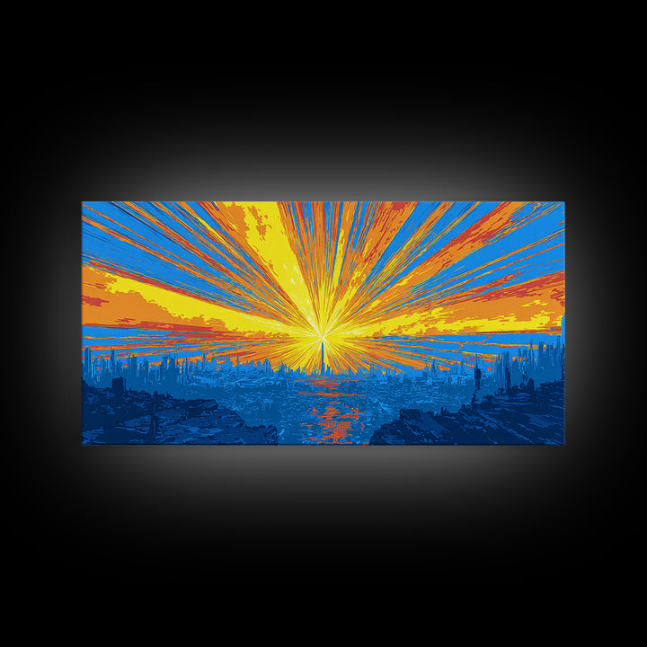 Explosive Solar Skyline Wall Art, Bright Retro Sci Fi Sunburst, Blue Orange Modern Art Print, Mid Century City Poster Decor
