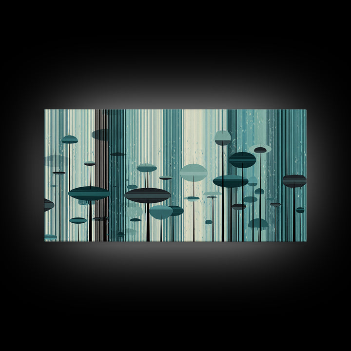 Teal Futuristic Mushroom City Wall Art, Retro Sci Fi Landscape Print, Modern Abstract Poster, Midcentury Space Decor Gift