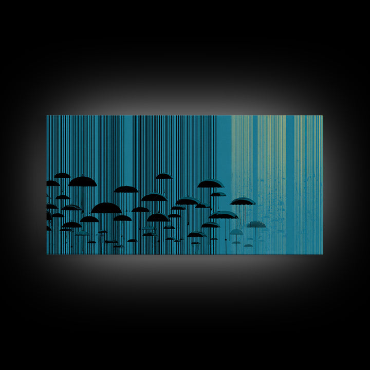 Teal Rain Umbrellas In Vertical Lines Wall Art, Midcentury Modern Abstract Print, Retro Wall Decor, Modern Home Decor For Living Room