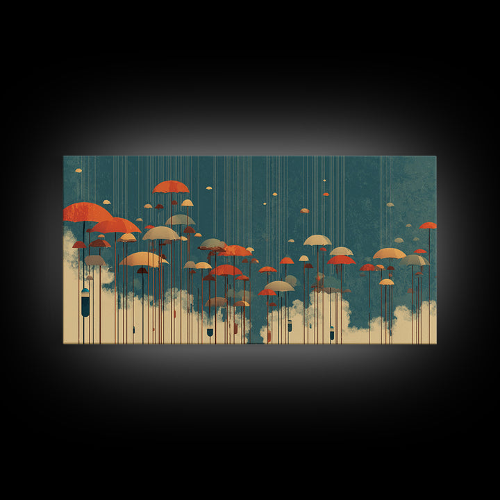 Orange Umbrellas Over Cream Clouds Wall Art, Midcentury Modern Abstract Print, Teal Retro Decor, Modern Home Decor For Living Room