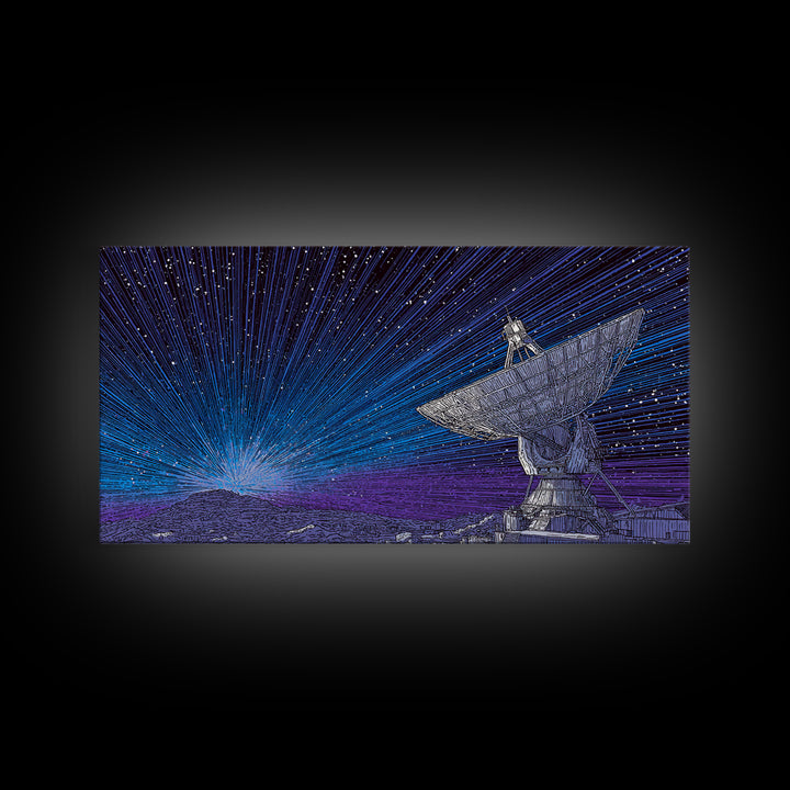 Blue Radio Telescope Starburst Canvas Print, Midcentury Modern Sci Fi Wall Art, Space Abstract Poster, Retro Home Decor Gift