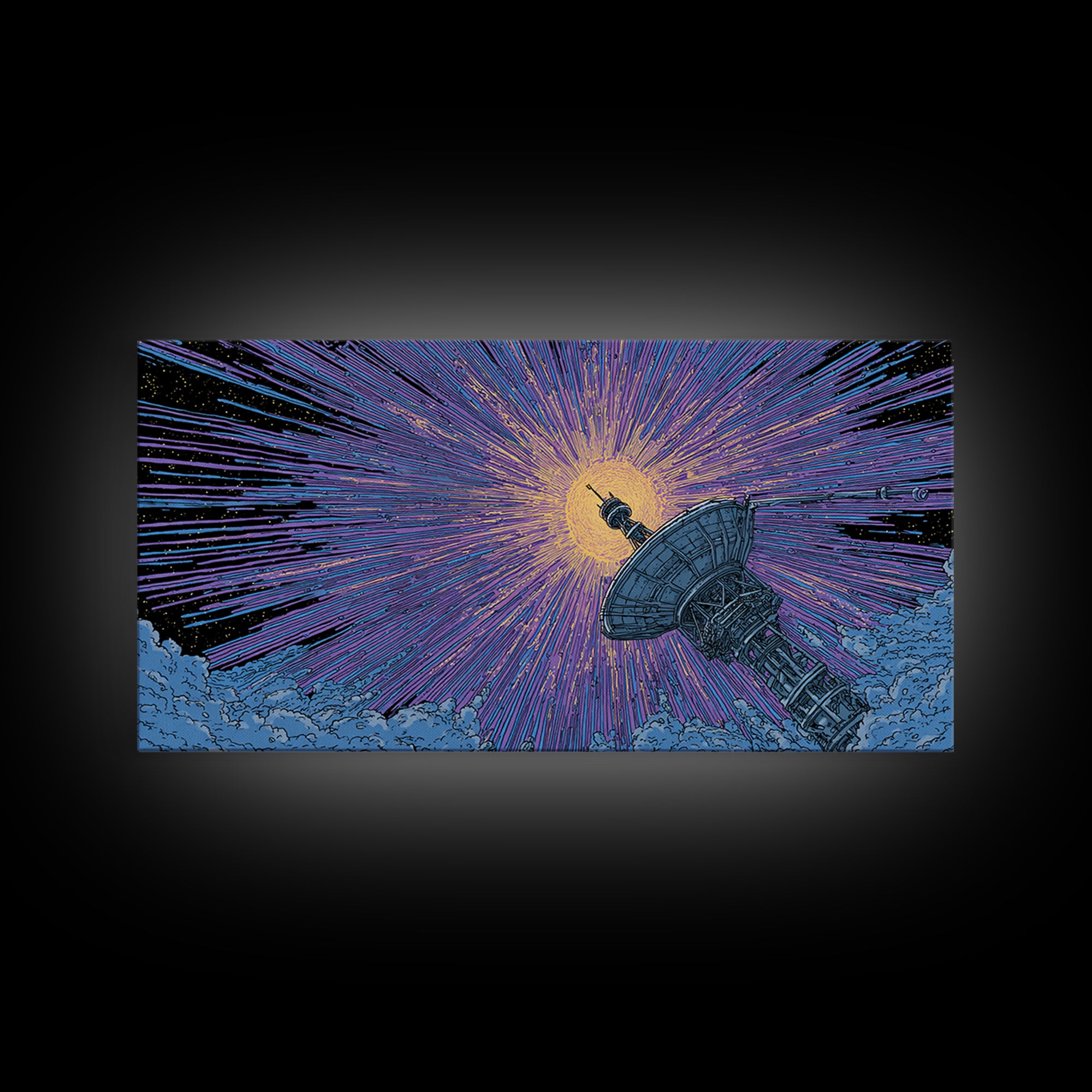 Radio Telescope Eclipse Sunburst Wall Art, Midcentury Modern Space Abstract Print, Retro Sci Fi Poster, Modern Office Decor