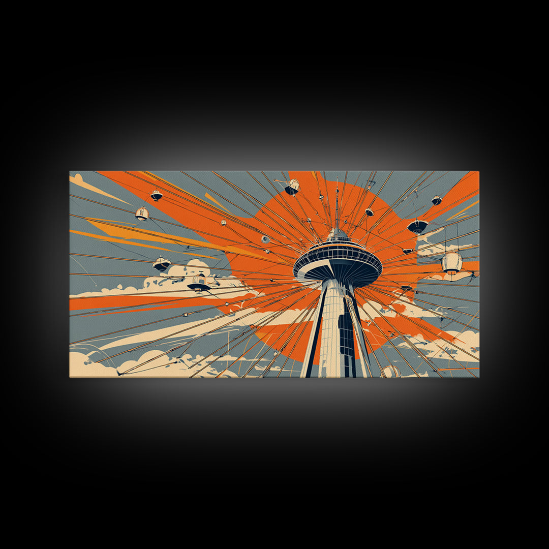 Retro Space Needle With Flying Saucers Canvas Print, Midcentury Modern Wall Art, Orange Sun Poster, Sci Fi Seattle Decor