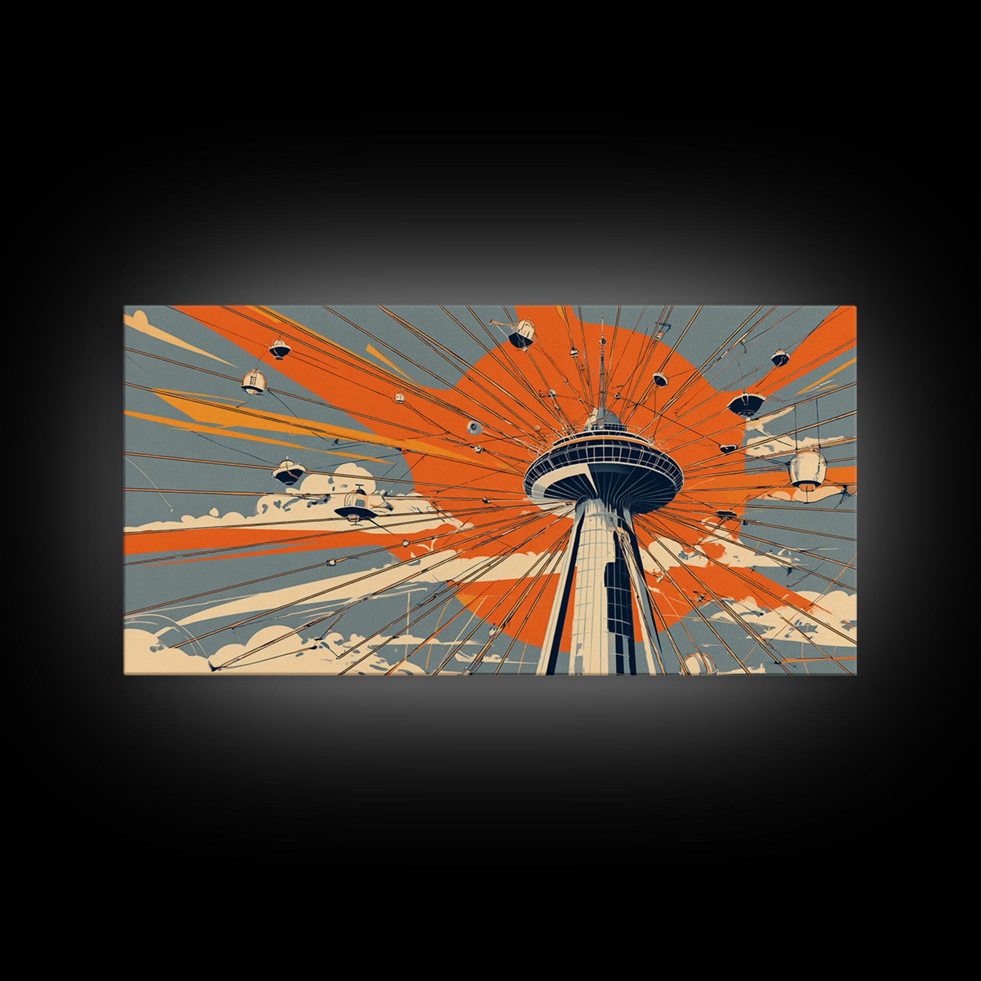 Retro Space Needle With Flying Saucers Canvas Print, Midcentury Modern Wall Art, Orange Sun Poster, Sci Fi Seattle Decor