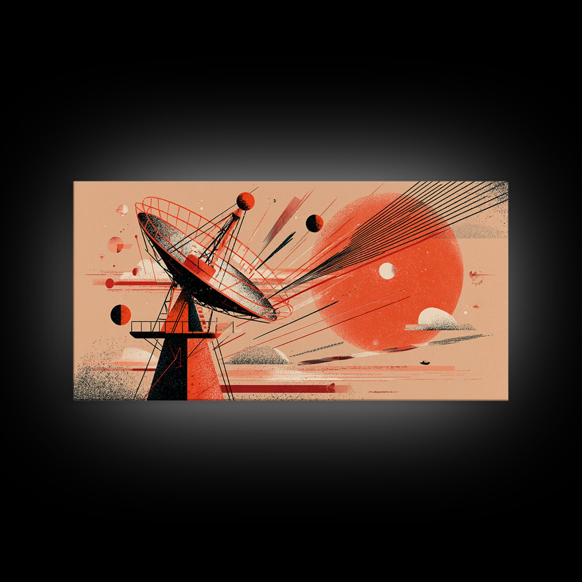 Red Satellite Dish And Orange Sun Wall Art, Midcentury Modern Space Abstract Print, Retro Sci Fi Poster, Modern Wall Decor