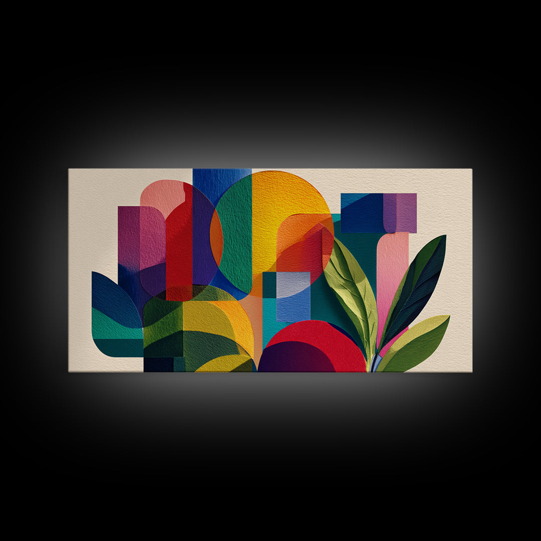 Colorful Geometric Leaves Wall Art, Bold Botanical Mid Century Modern Decor, Abstract Bauhaus Shapes, Vibrant Canvas Print