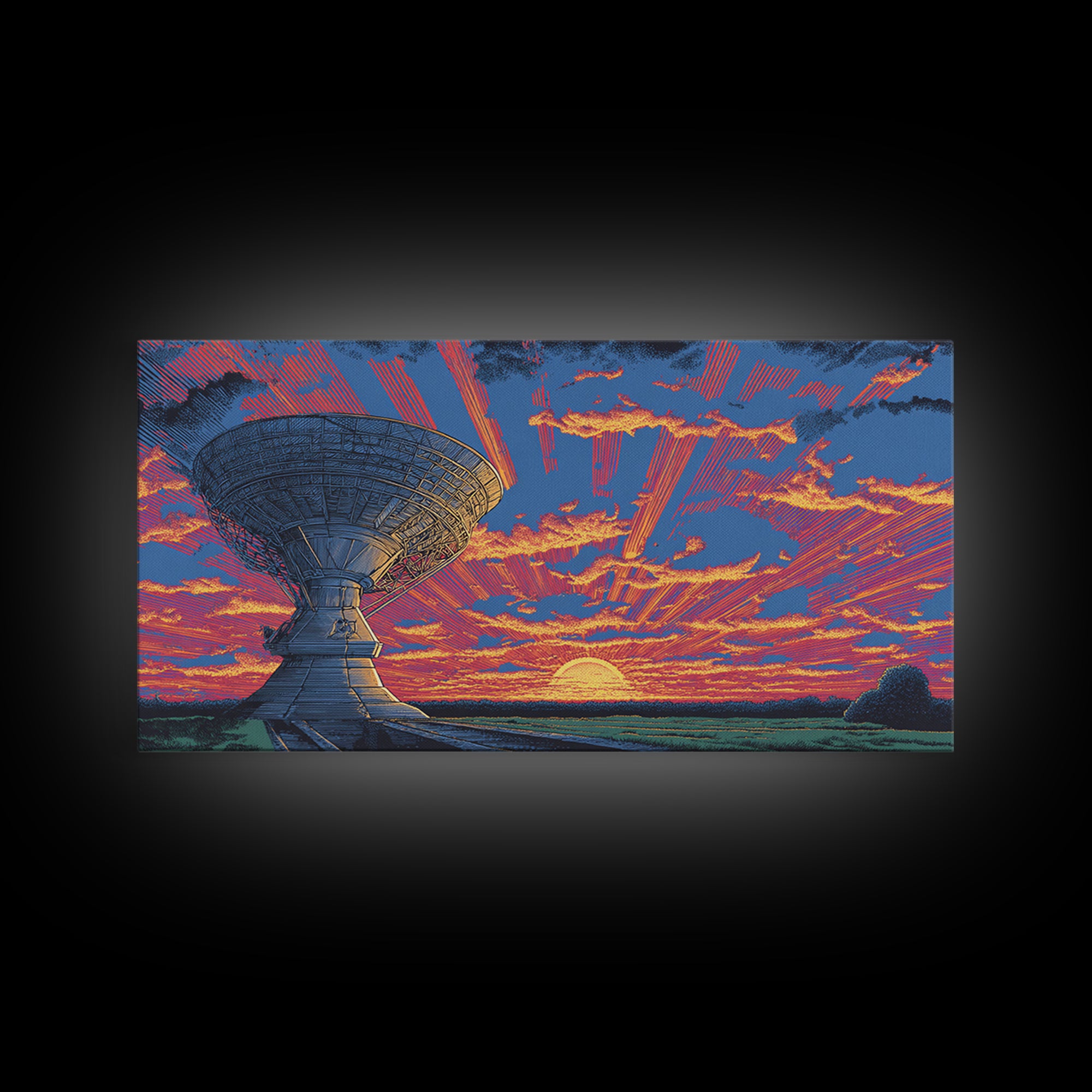 Radio Telescope At Neon Sunset Wall Art, Midcentury Modern Space Abstract Print, Retro Sci Fi Poster, Vibrant Office Decor