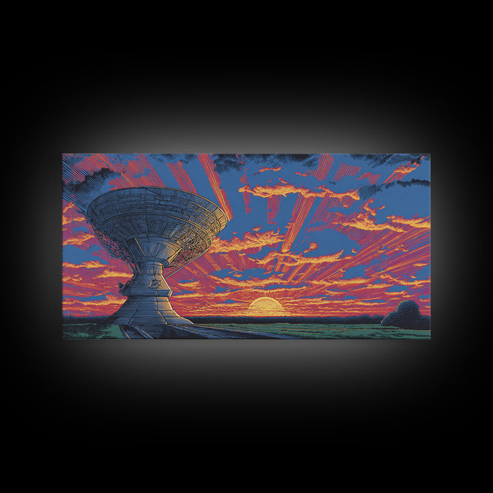 Radio Telescope At Neon Sunset Wall Art, Midcentury Modern Space Abstract Print, Retro Sci Fi Poster, Vibrant Office Decor