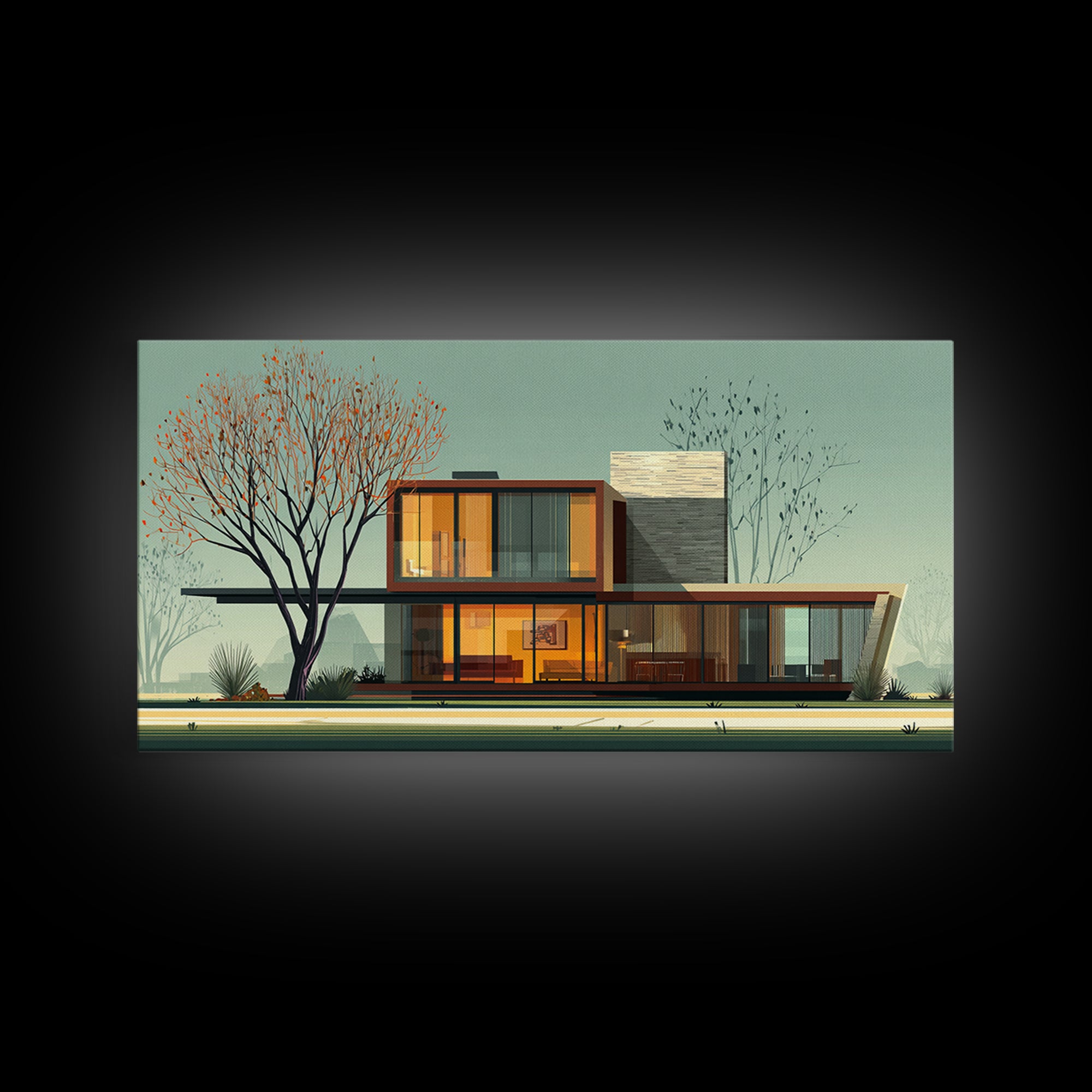Glass Midcentury House With Autumn Tree Framed Canvas Print, MCM Wall Art, Modern Architecture Poster, Living Room Decor