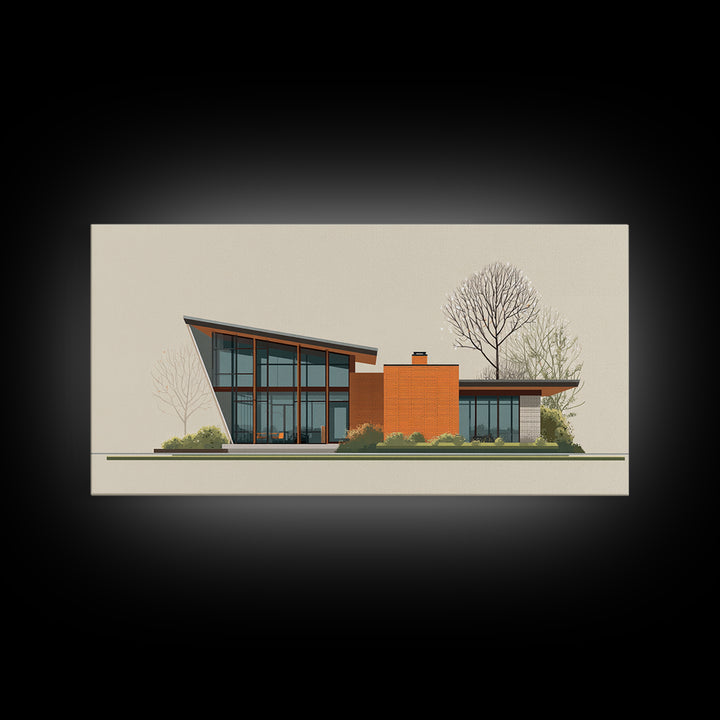 Angular Glass Midcentury Home Canvas Print, Modern Architecture Wall Art, MCM Decor, Retro House Poster For Living Room Decor