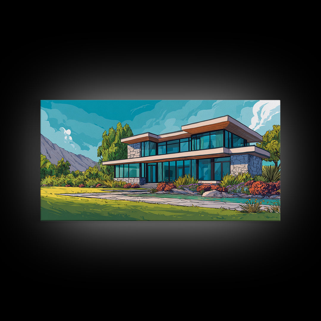 Mountain Modern Glass House Wall Art, Midcentury Modern Architecture Poster, Colorful Landscape Canvas Print, Living Room Decor