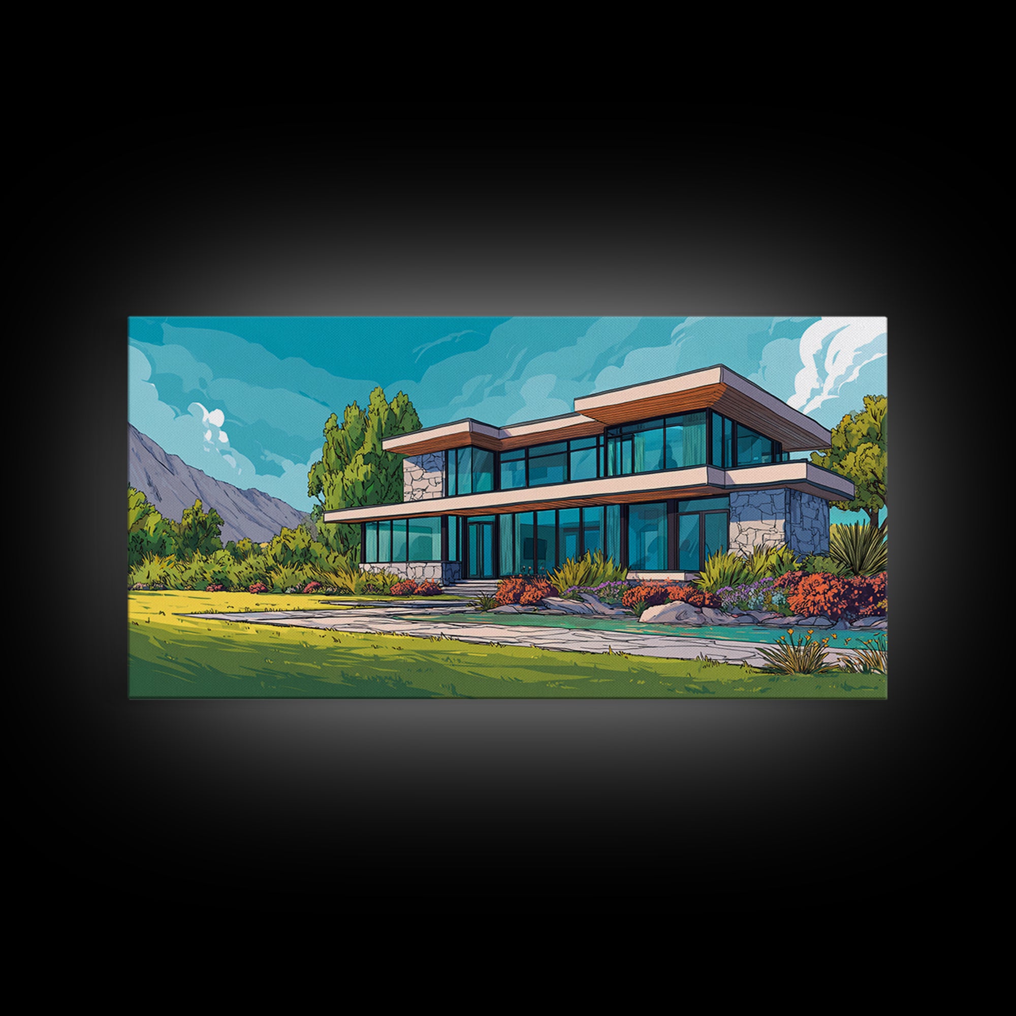 Mountain Modern Glass House Wall Art, Midcentury Modern Architecture Poster, Colorful Landscape Canvas Print, Living Room Decor