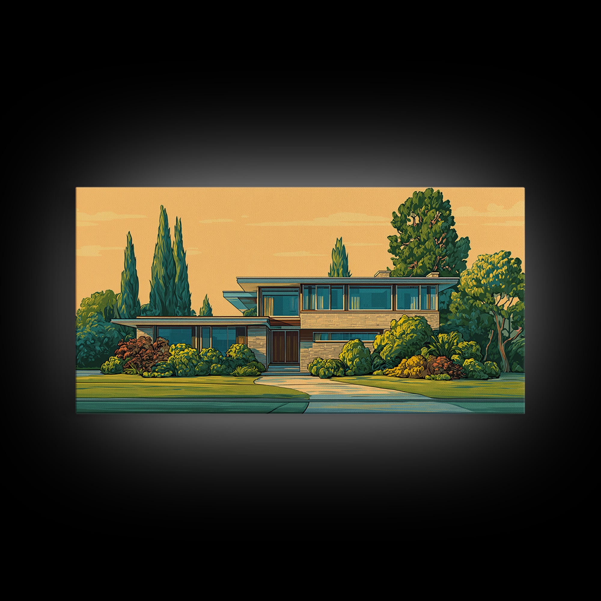Cypress Garden Midcentury Home Framed Canvas Print, Modern Architecture Wall Art, Retro Palm Springs Decor, Living Room Art