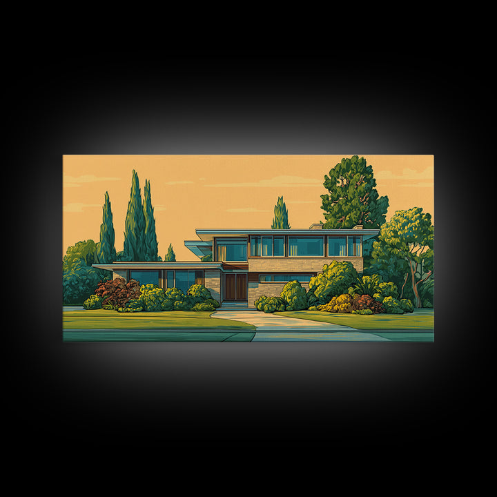 Cypress Garden Midcentury Home Framed Canvas Print, Modern Architecture Wall Art, Retro Palm Springs Decor, Living Room Art