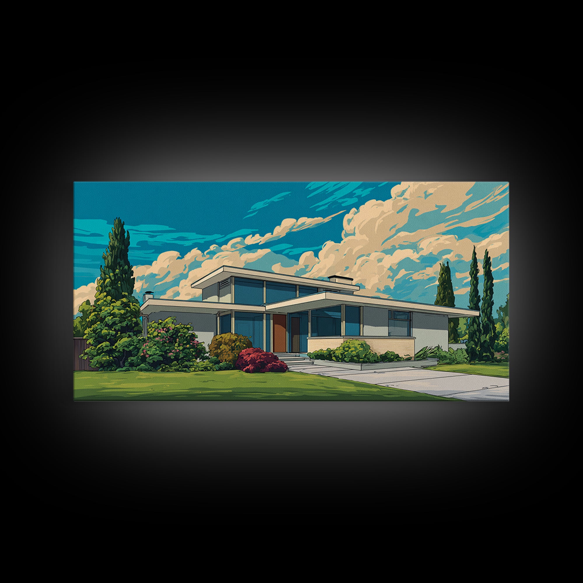 White Midcentury House With Dramatic Clouds Framed Canvas Print, Modern Wall Art, Retro Architecture Poster, Home Office Decor