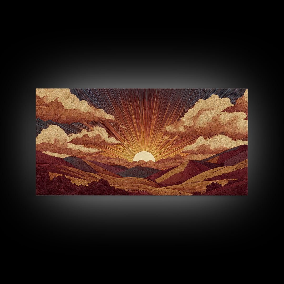 Textured Mountain Sunrise Valley Wall Art, Retro Landscape Poster, Midcentury Modern Art Print, Earth Tone Home Decor Gift