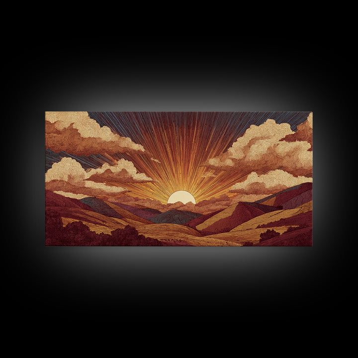 Textured Mountain Sunrise Valley Wall Art, Retro Landscape Poster, Midcentury Modern Art Print, Earth Tone Home Decor Gift
