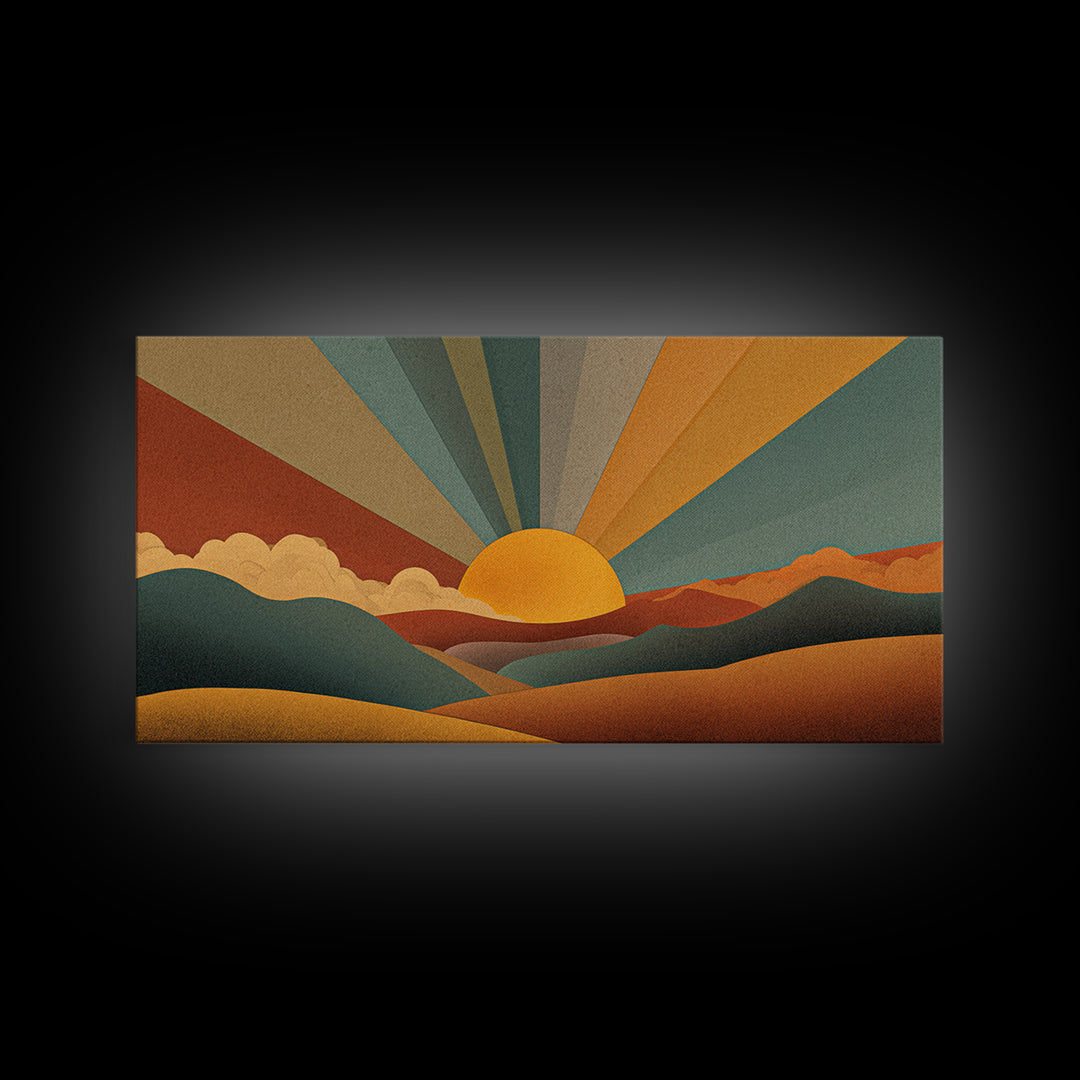 Geometric Retro Sunrise Over Rolling Hills Canvas Print, Midcentury Modern Wall Art, Boho Landscape Poster, Earth Tone Decor
