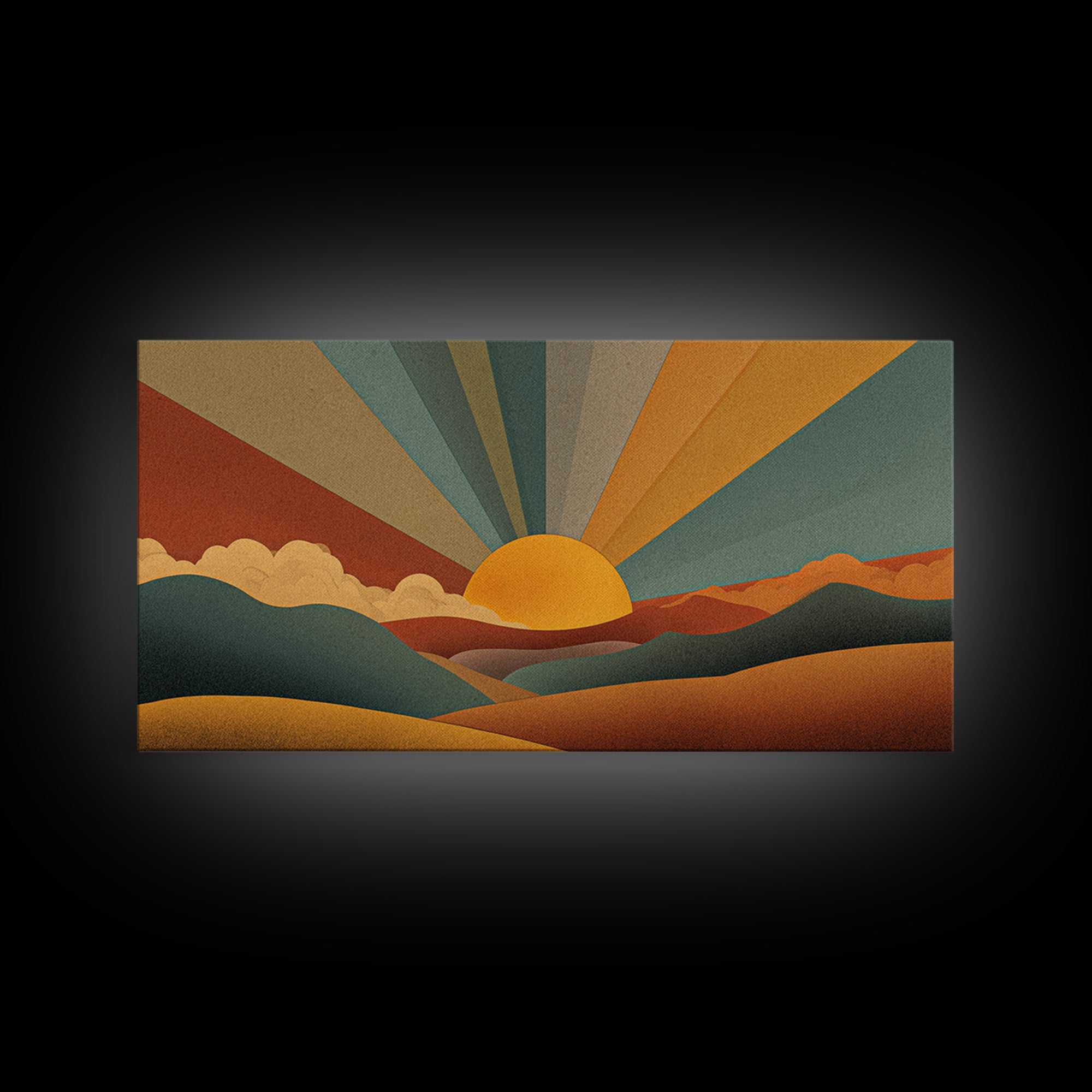 Geometric Retro Sunrise Over Rolling Hills Canvas Print, Midcentury Modern Wall Art, Boho Landscape Poster, Earth Tone Decor