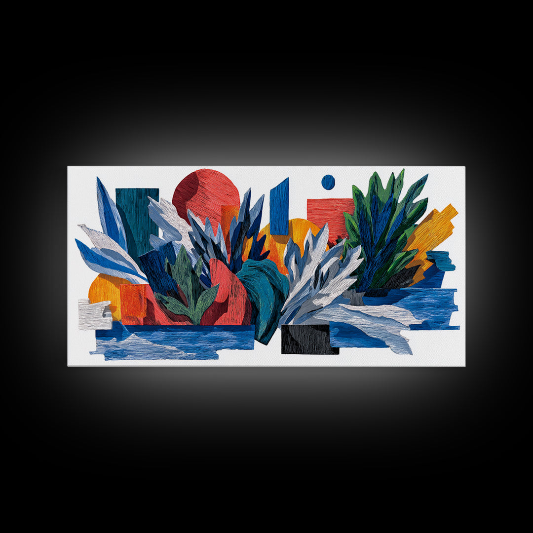 Textured Tropical Leaf Collage Framed Canvas Print, Blue Red Botanical Wall Art, Mid Century Modern Abstract Decor For Living Room