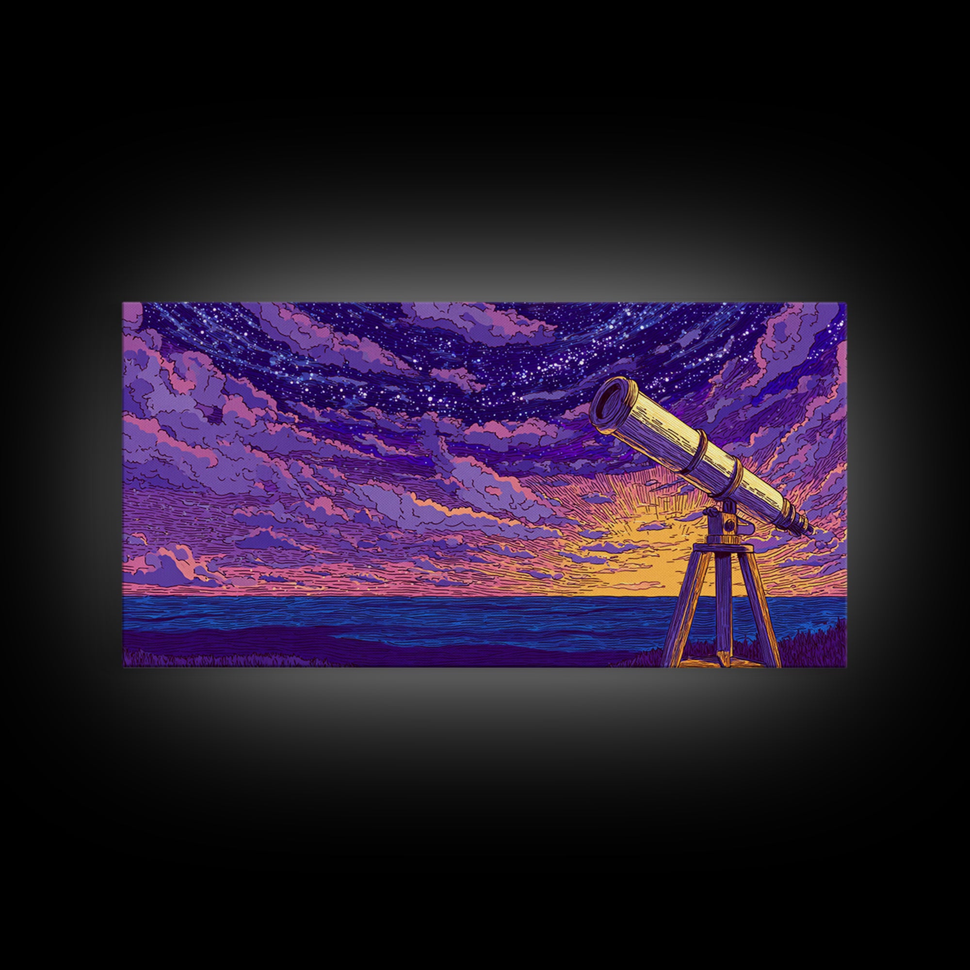 Purple Starry Telescope Ocean Wall Art, Retro Sci Fi Poster, Cosmic Mid Century Modern Decor, Space Astronomy Canvas Print
