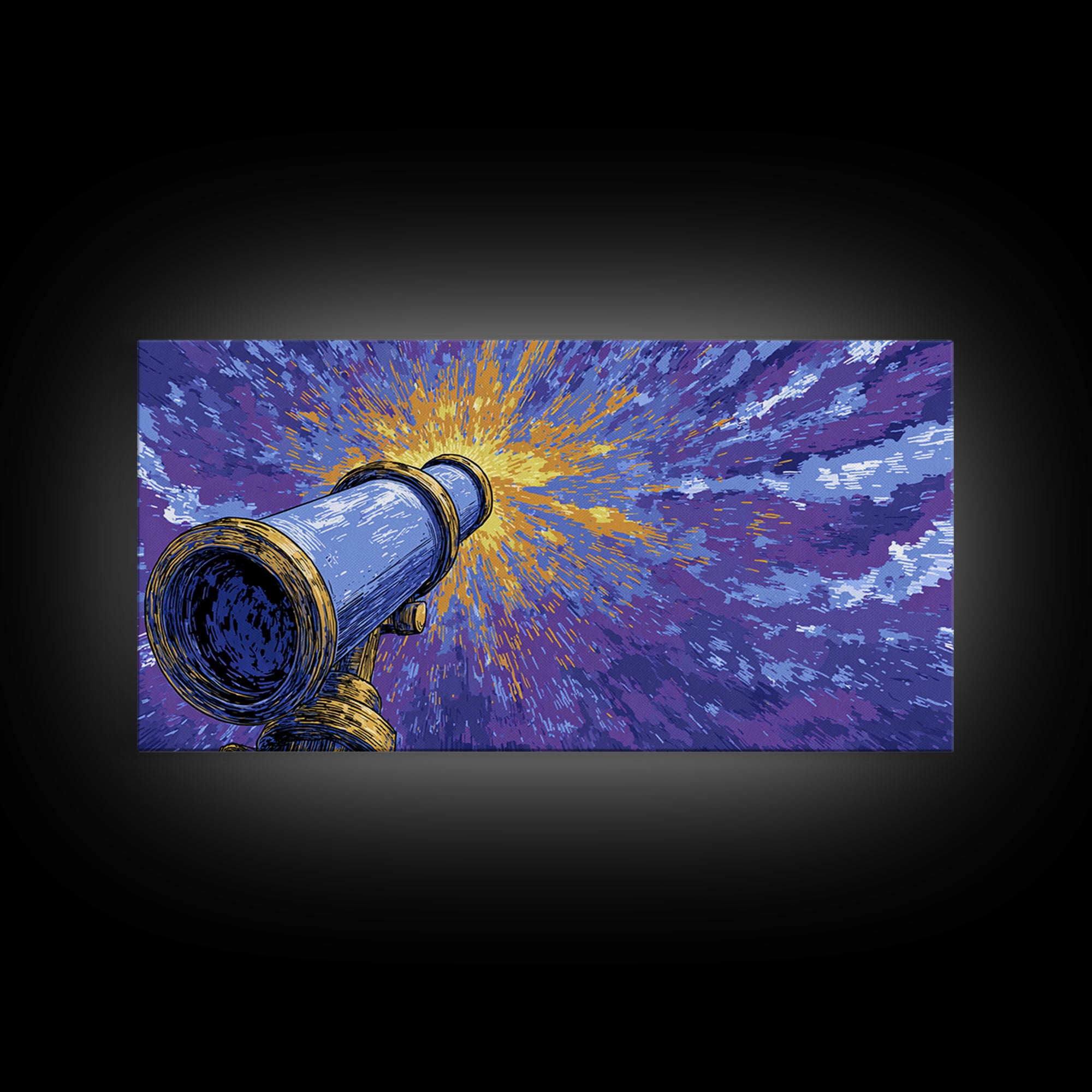 Blue Telescope Starburst Framed Canvas Print, Retro Sci Fi Wall Art, Space Astronomy Poster, Mid Century Modern Office Decor