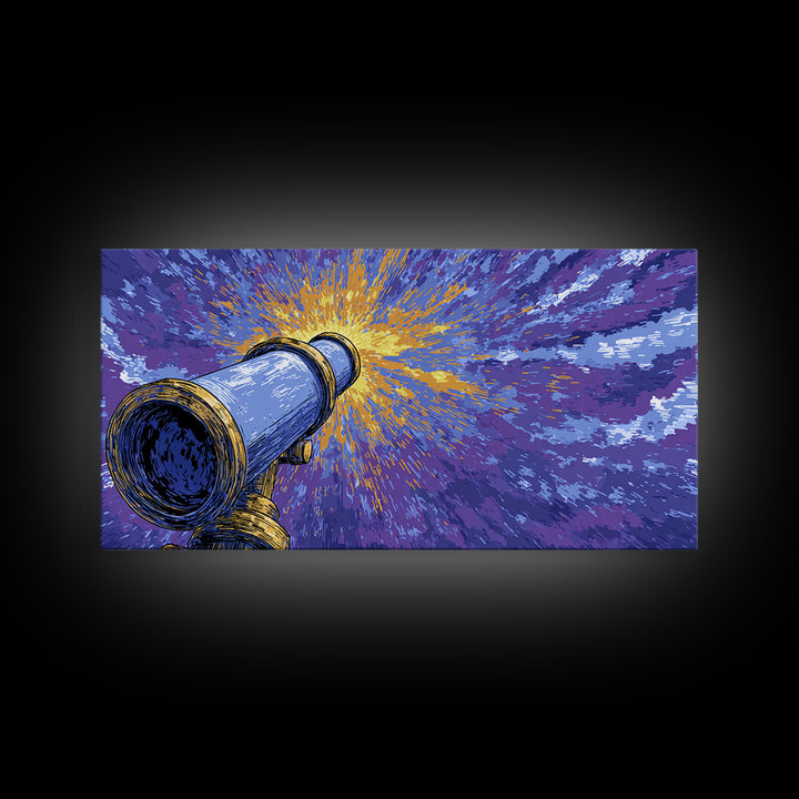 Blue Telescope Starburst Framed Canvas Print, Retro Sci Fi Wall Art, Space Astronomy Poster, Mid Century Modern Office Decor