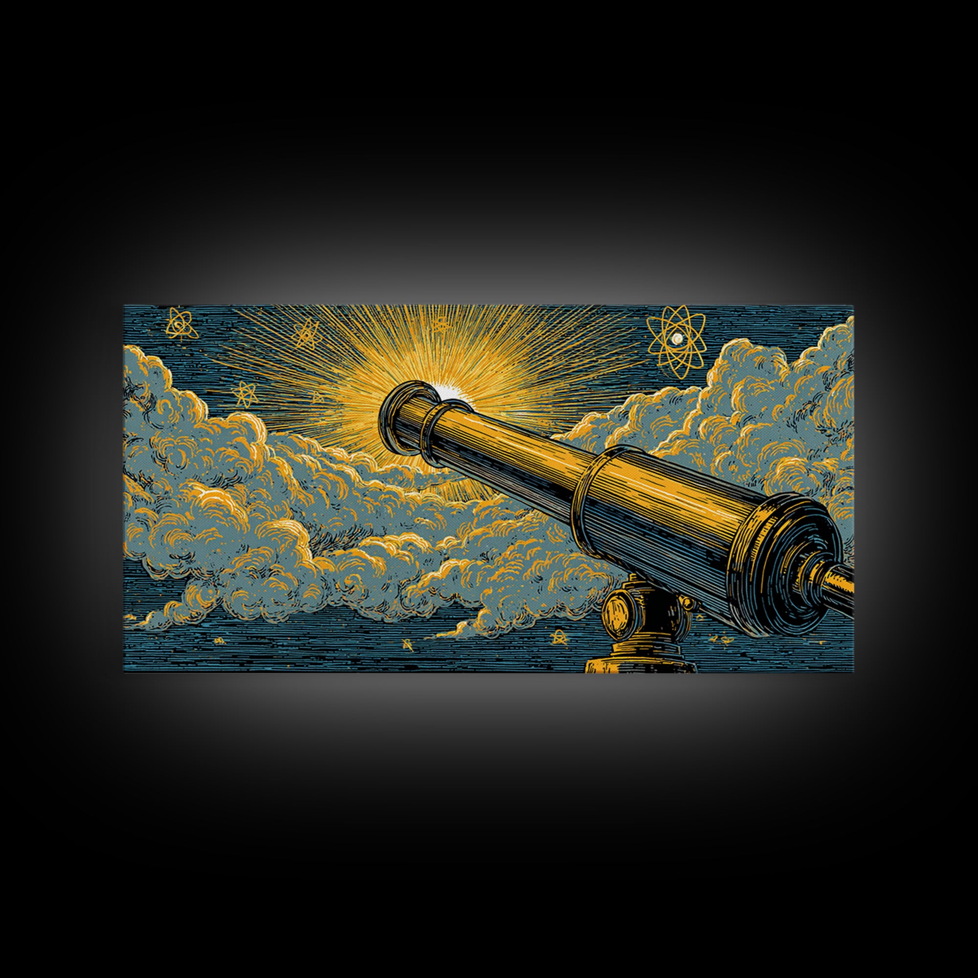 Golden Telescope Atomic Clouds Wall Art, Mid Century Modern Space Decor, Retro Astronomy Poster, MCM Canvas Print For Office