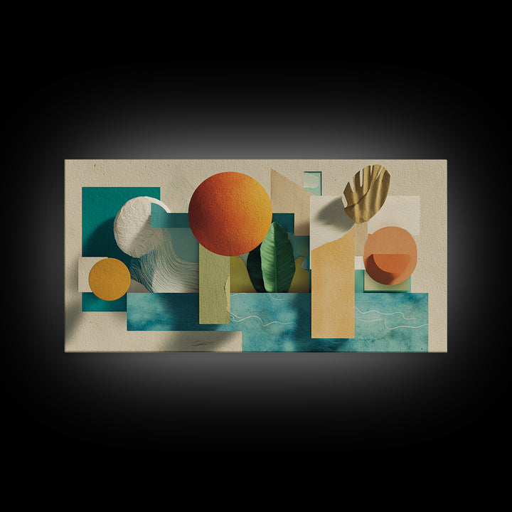 Neutral Teal Orange Geometric Still Life Wall Art, Mid Century Modern Canvas Print, Botanical Shapes, Coastal Home Decor
