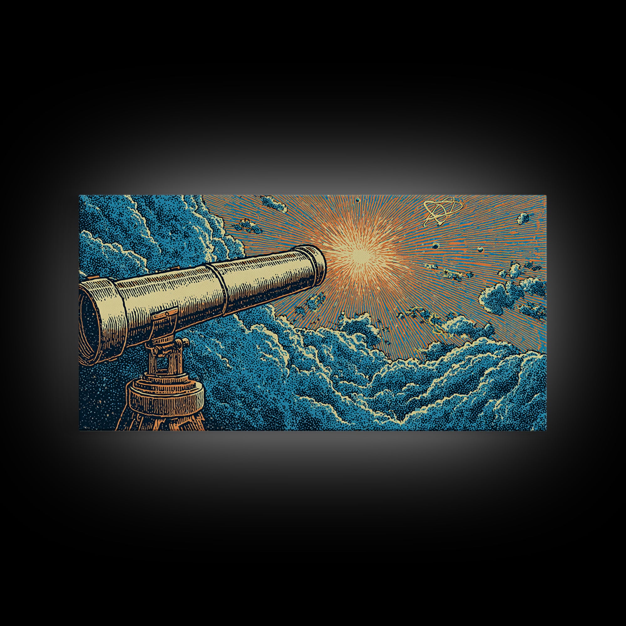 Blue Cloud Telescope Sunburst Framed Canvas Print, Retro Astronomy Wall Art, Mid Century Modern Space Poster, Office Decor