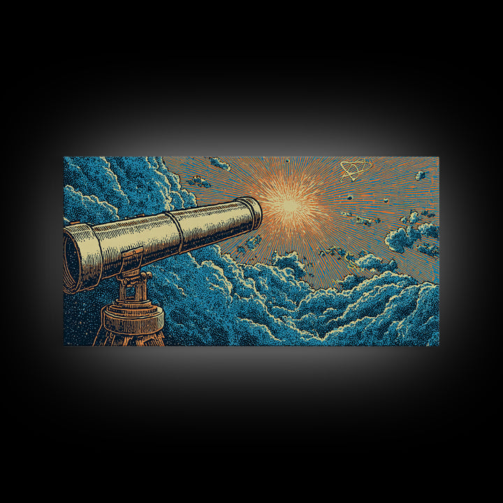 Blue Cloud Telescope Sunburst Framed Canvas Print, Retro Astronomy Wall Art, Mid Century Modern Space Poster, Office Decor