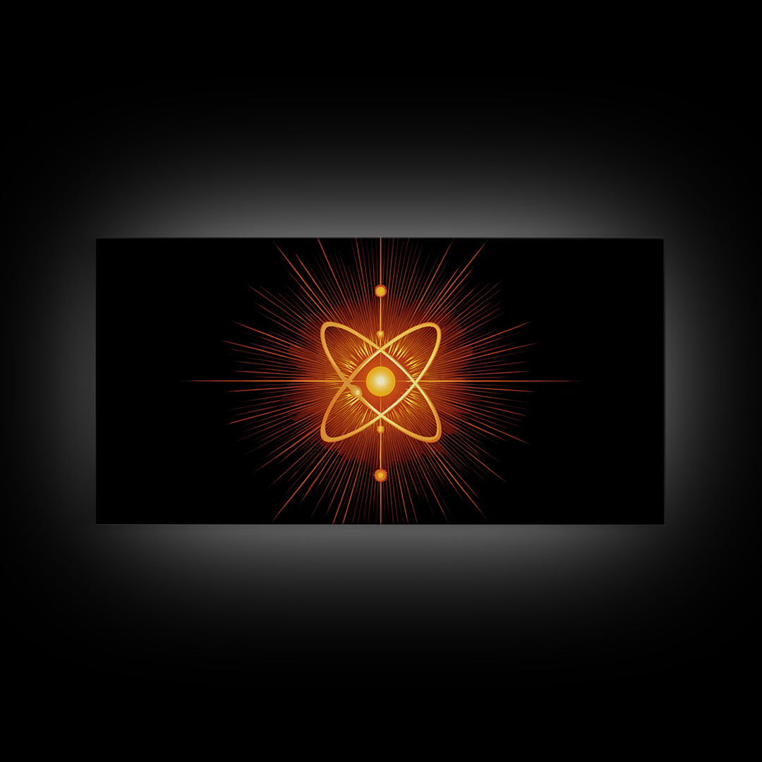Glowing Orange Atom Wall Art, Black Space Abstract Poster, Mid Century Modern Science Decor, Atomic MCM Canvas Print Gift