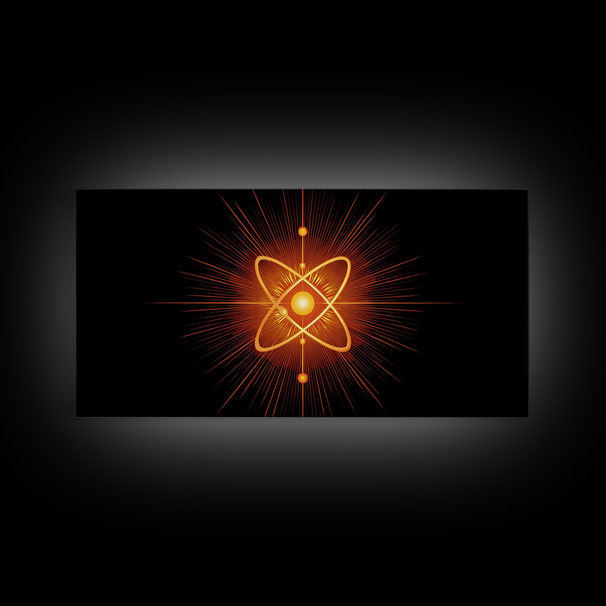 Glowing Orange Atom Wall Art, Black Space Abstract Poster, Mid Century Modern Science Decor, Atomic MCM Canvas Print Gift