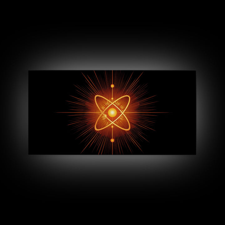 Glowing Orange Atom Wall Art, Black Space Abstract Poster, Mid Century Modern Science Decor, Atomic MCM Canvas Print Gift