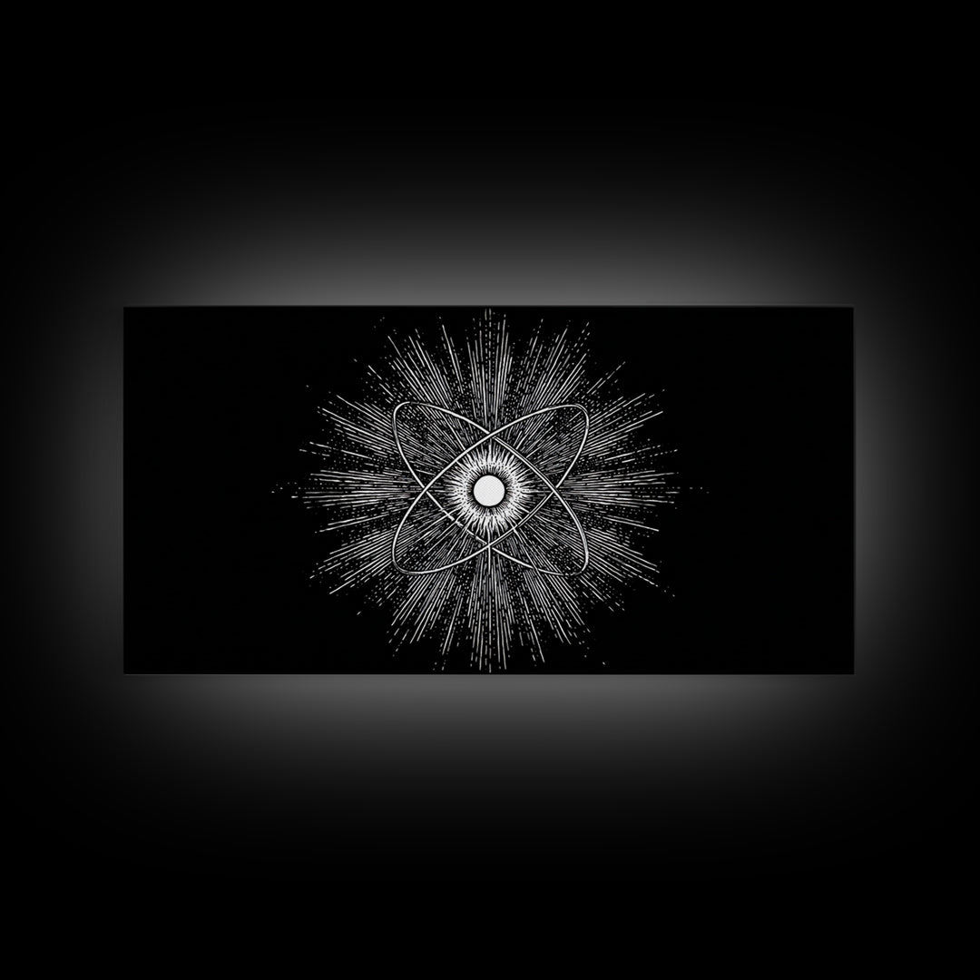 Black And White Atomic Burst Wall Art, Modern Abstract Science Poster, Mid Century Modern Decor, Monochrome Canvas Print