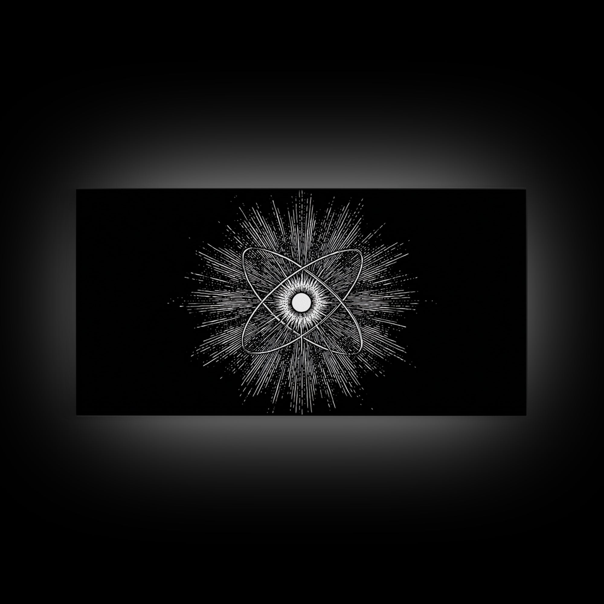 Black And White Atomic Burst Wall Art, Modern Abstract Science Poster, Mid Century Modern Decor, Monochrome Canvas Print