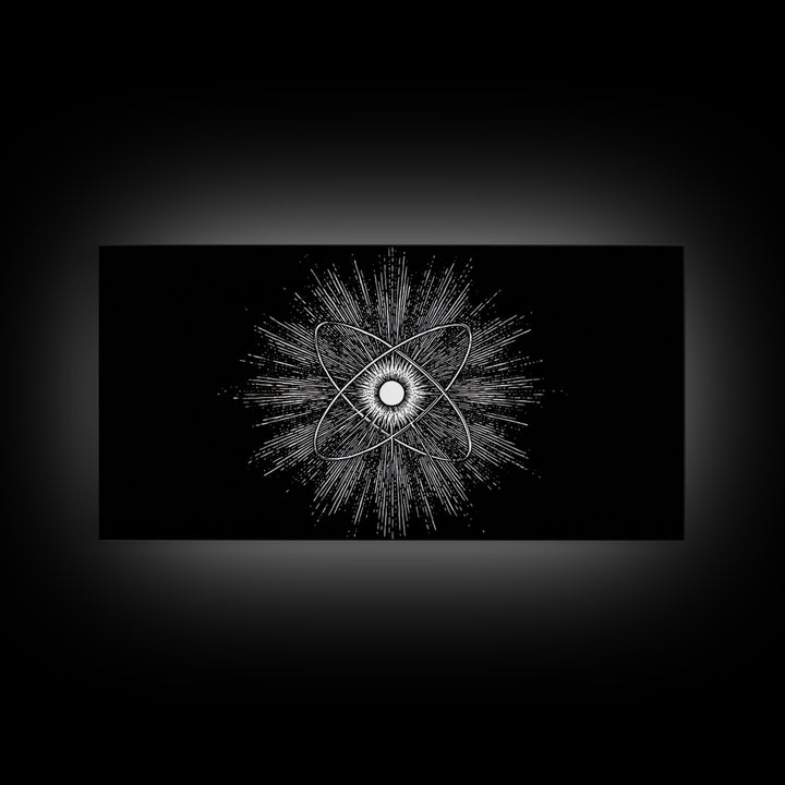 Black And White Atomic Burst Wall Art, Modern Abstract Science Poster, Mid Century Modern Decor, Monochrome Canvas Print