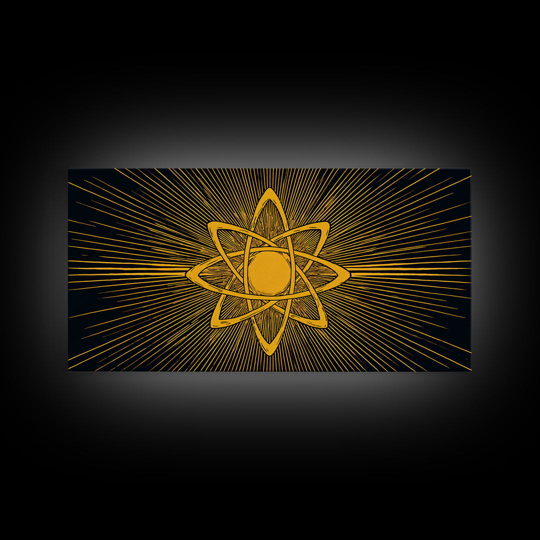 Gold Atomic Rays Canvas Print, Black Mid Century Modern Science Poster, Retro Space Wall Art, Bold Geometric MCM Decor Gift