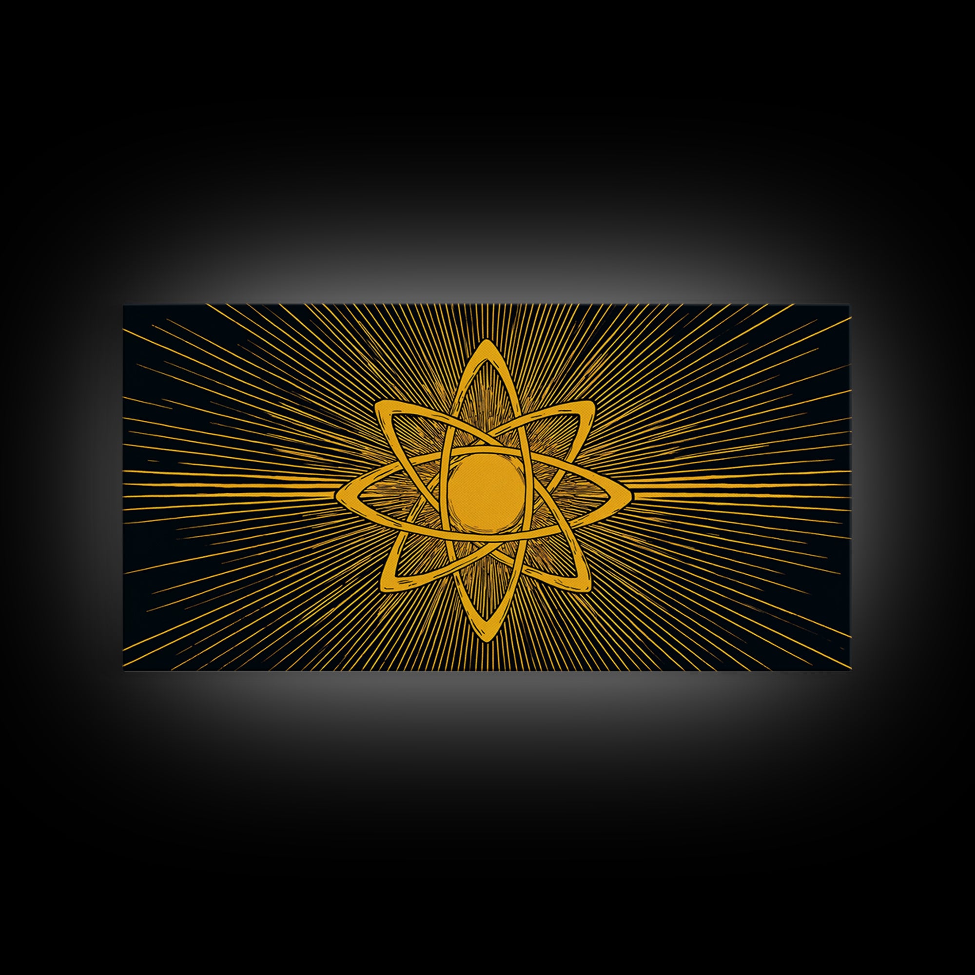 Gold Atomic Rays Canvas Print, Black Mid Century Modern Science Poster, Retro Space Wall Art, Bold Geometric MCM Decor Gift