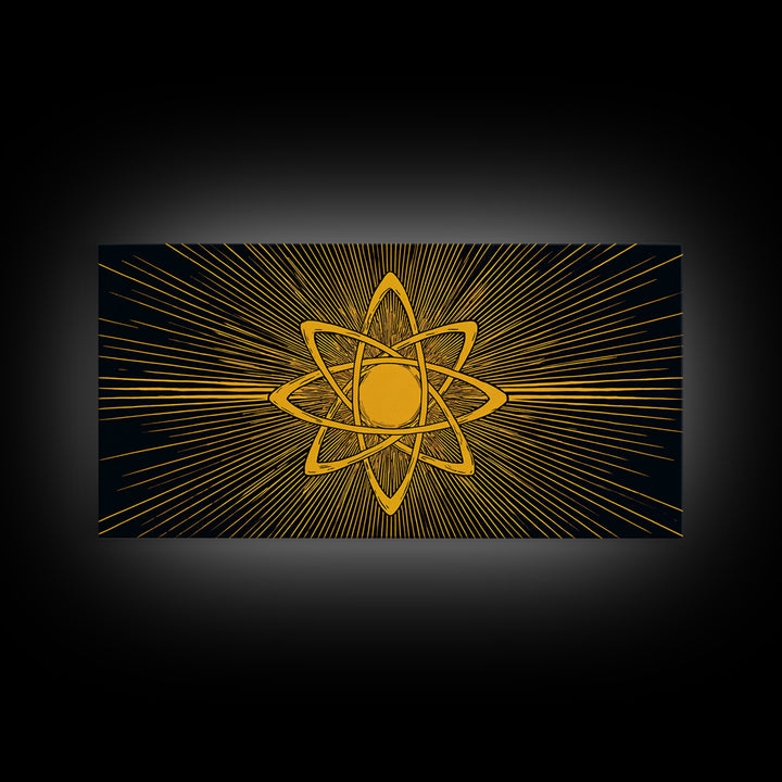 Gold Atomic Rays Canvas Print, Black Mid Century Modern Science Poster, Retro Space Wall Art, Bold Geometric MCM Decor Gift